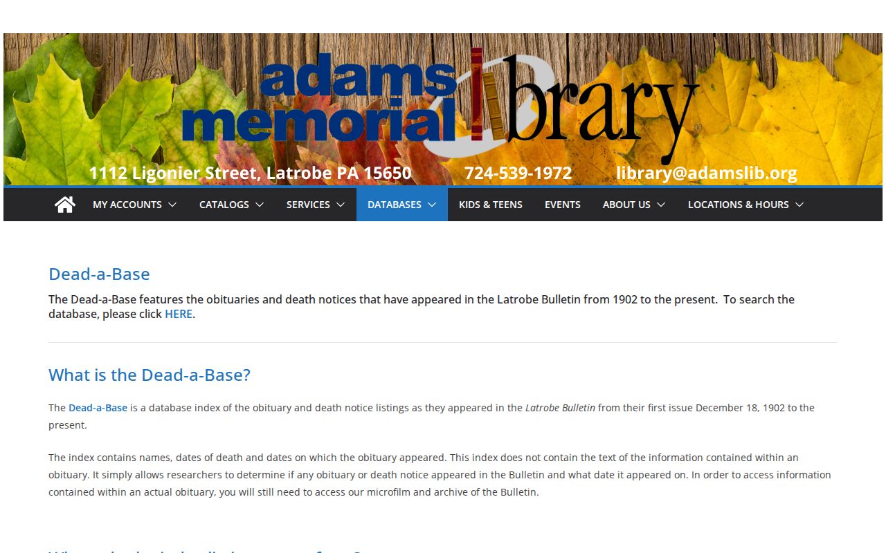 Unity Township city directory research using Adams Memorial Library Dead-a-Base