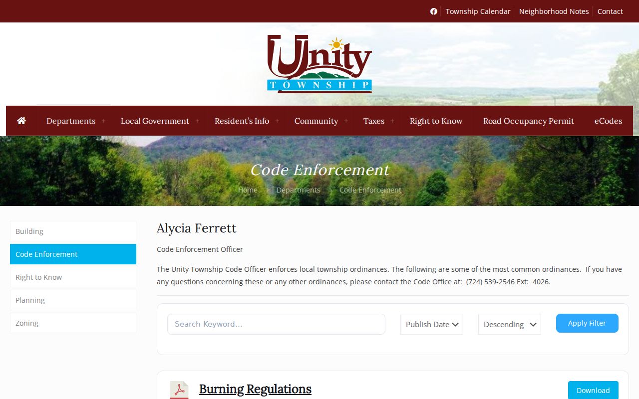 Unity Township neighbors code enforcement office records route
