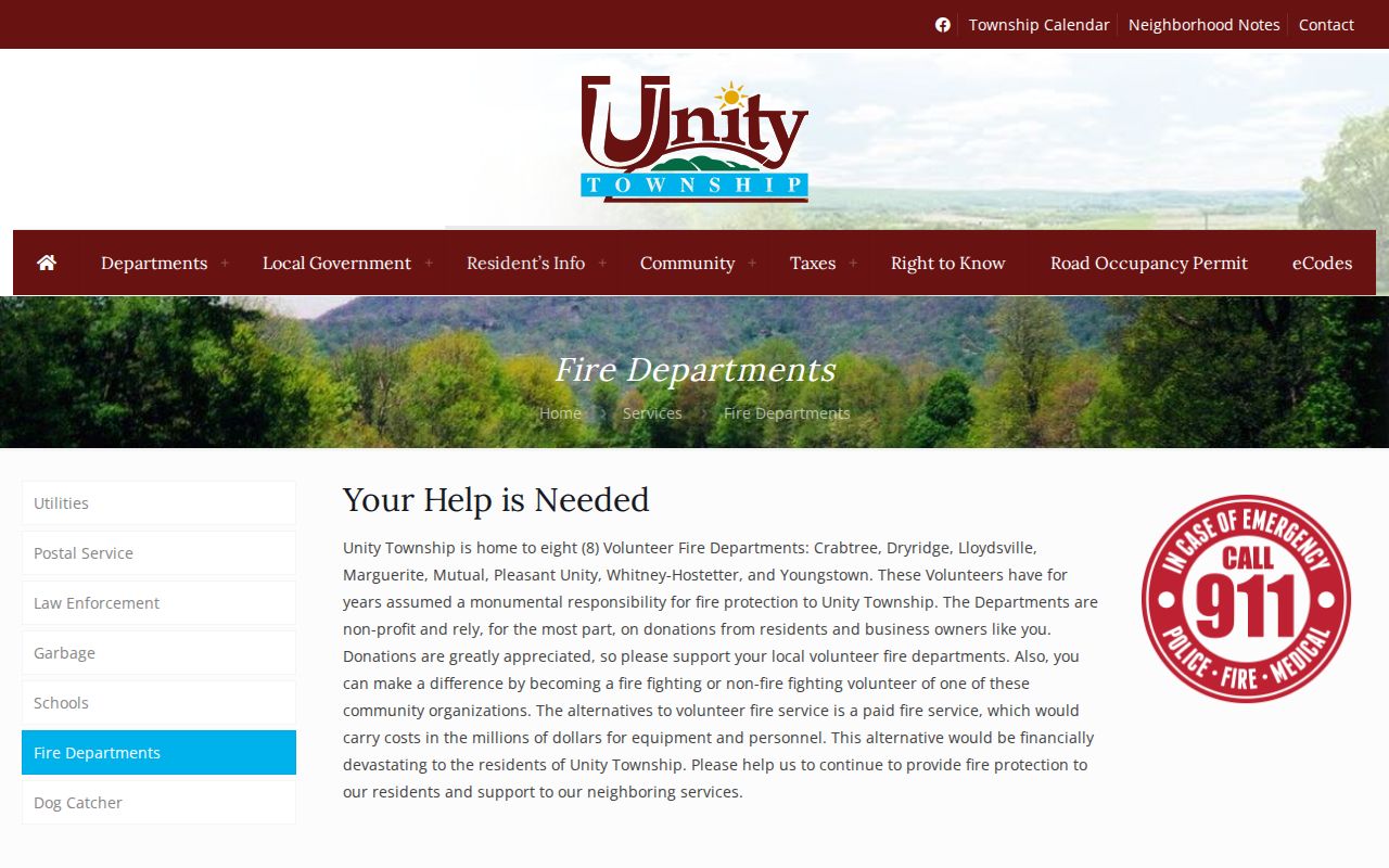 Unity Township neighbors fire department geography and postal place context