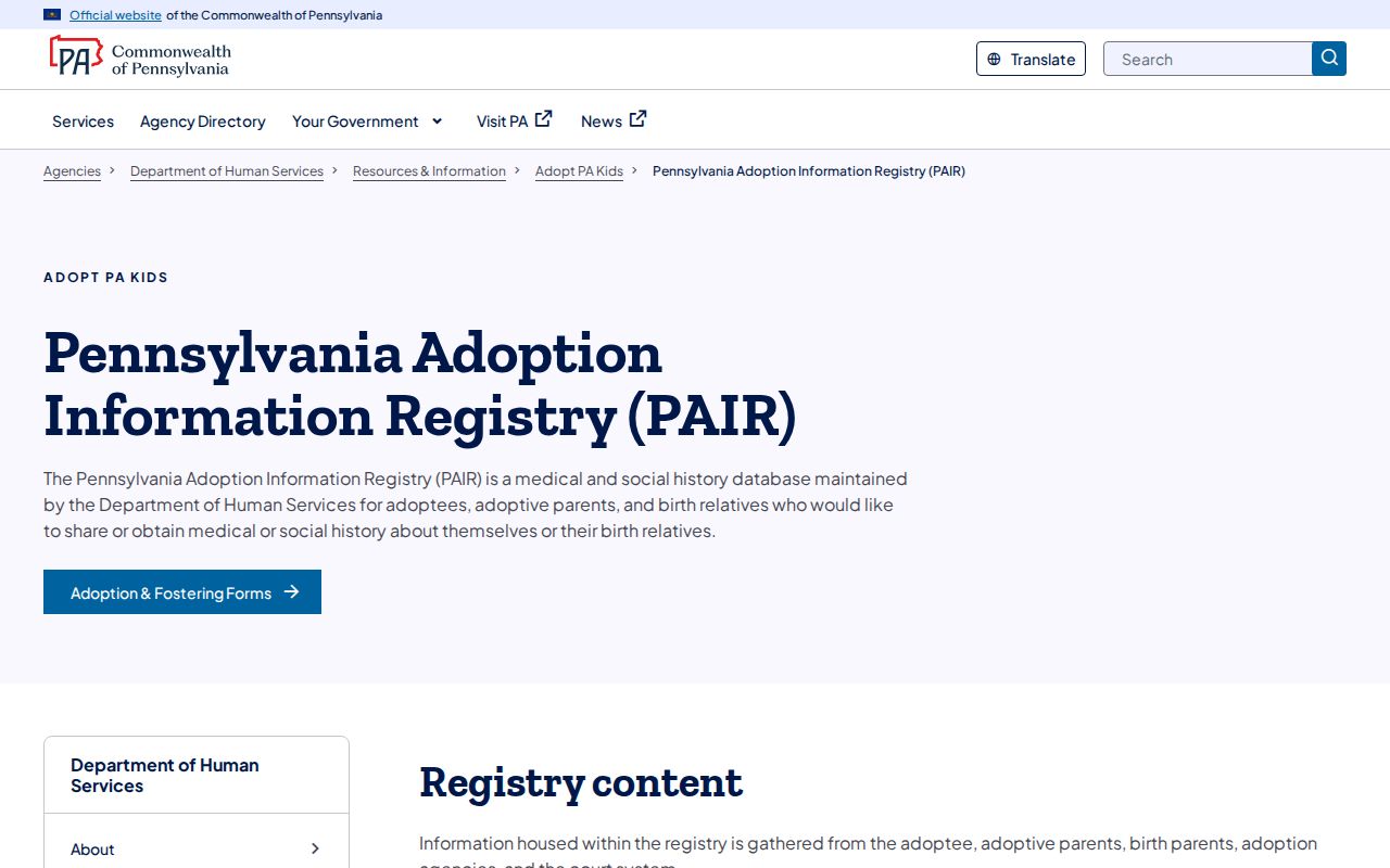 Unity Township resident lookup through Pennsylvania Adoption Information Registry