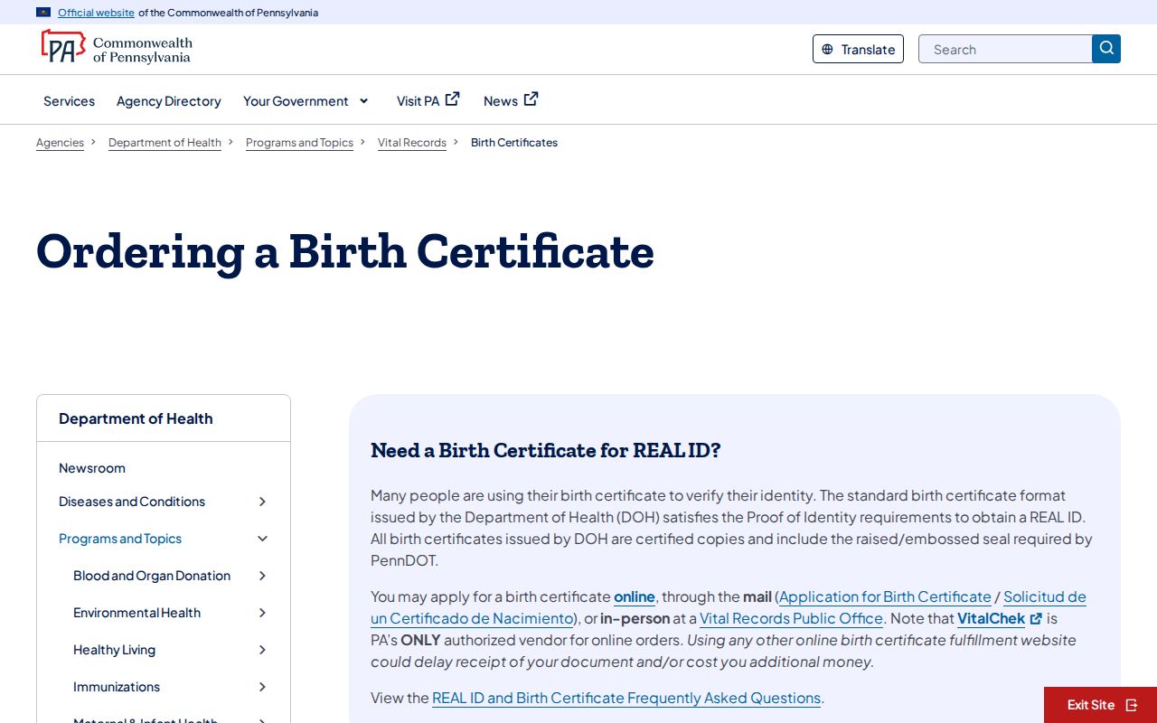 Unity Township resident lookup with Pennsylvania birth certificate application