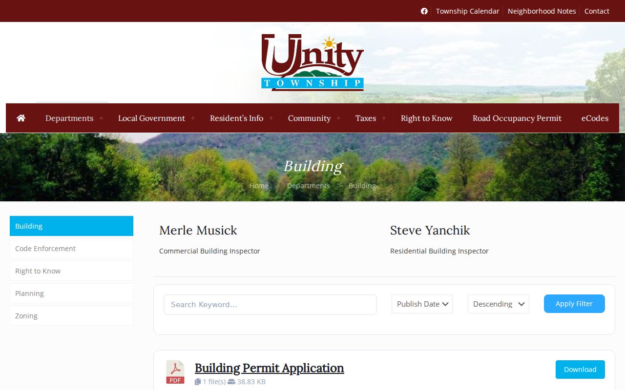 Unity Township street directory building department forms for address records