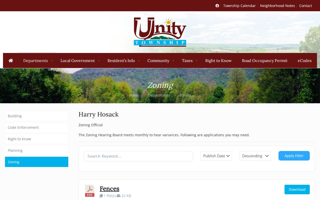 Unity Township street directory zoning records and parcel context