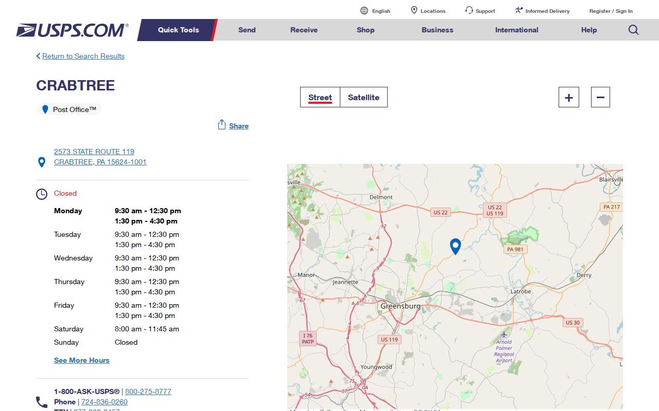 Unity Township ZIP code directory with Crabtree Post Office 15624