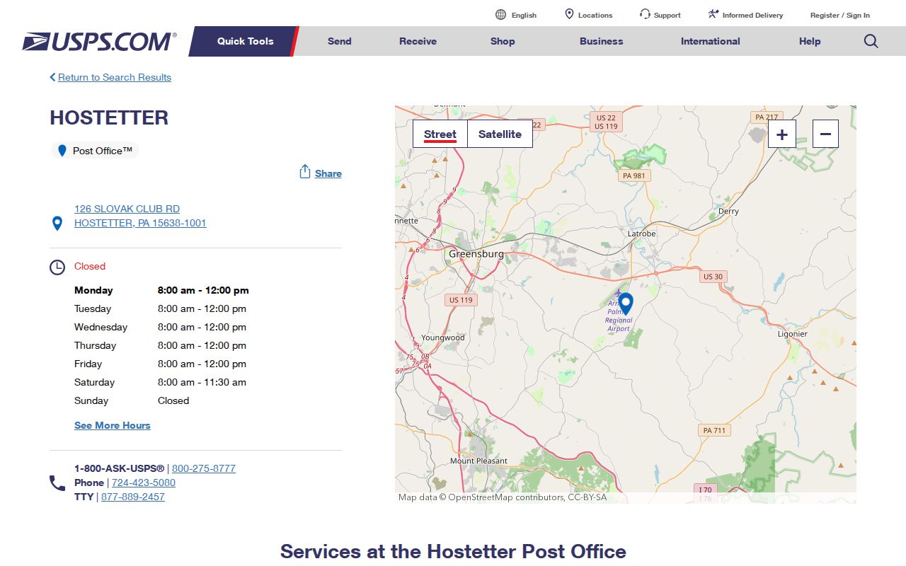 Unity Township ZIP code directory with Hostetter Post Office 15638