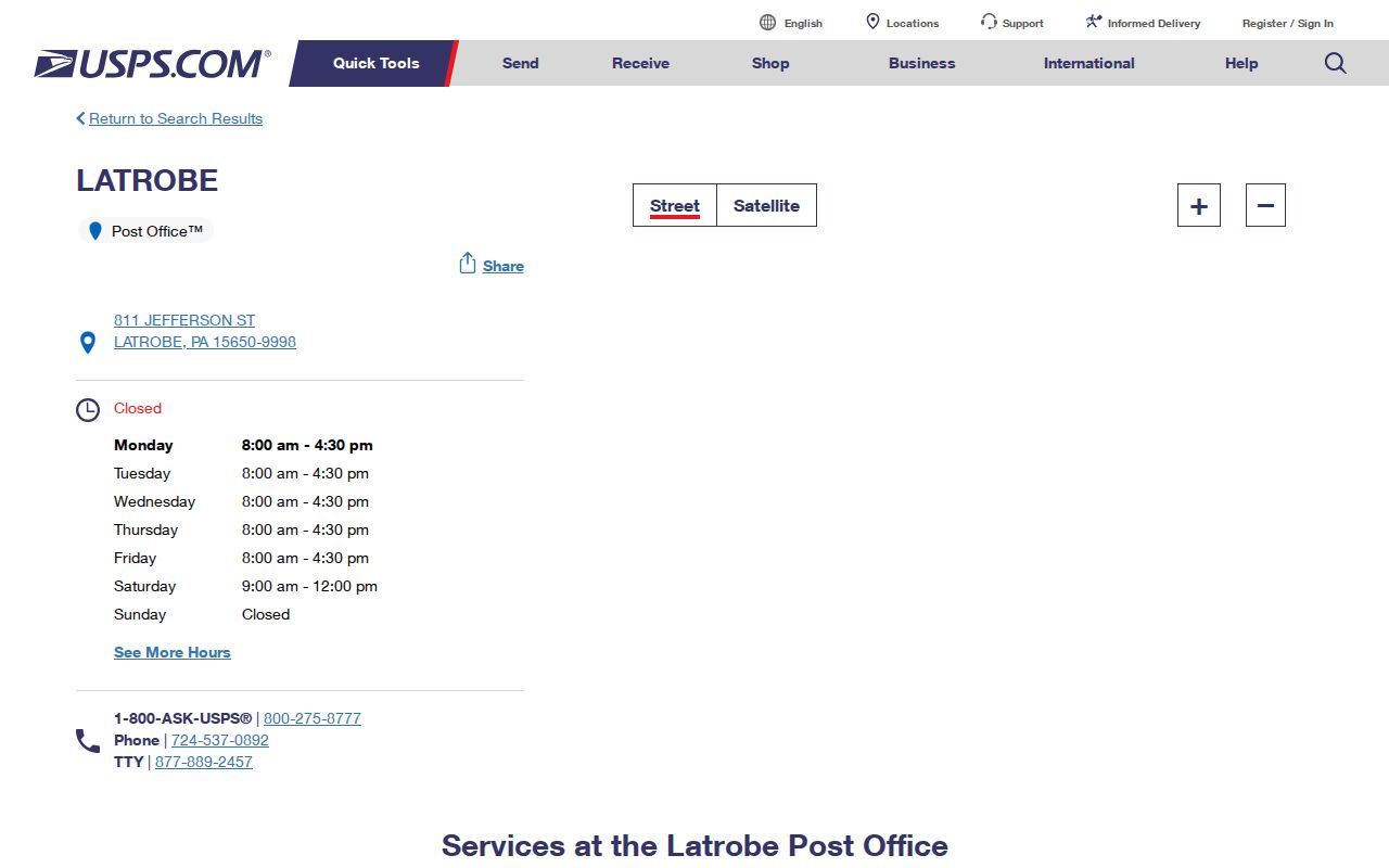Unity Township ZIP code directory showing Latrobe Post Office for 15650