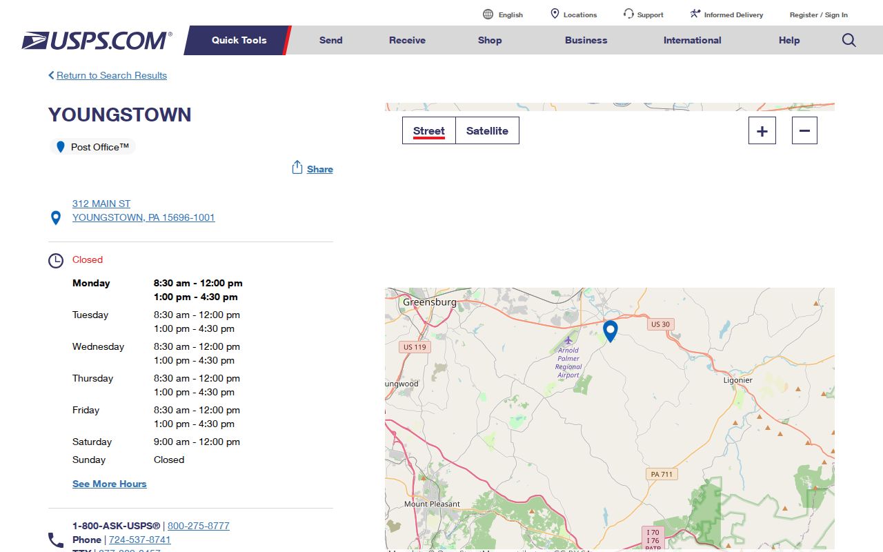 Unity Township ZIP code directory with Youngstown Post Office 15696